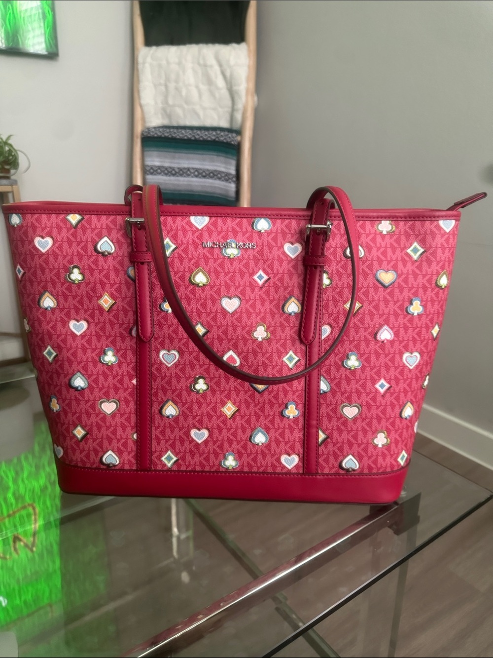 Michael Kors Red/Pink Heart Pattern Logo Tote